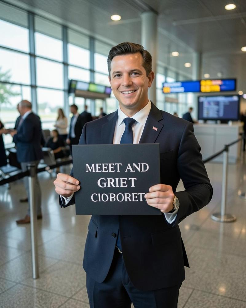AOC chauffeur holding a meet-and-greet sign in an airport arrivals hall